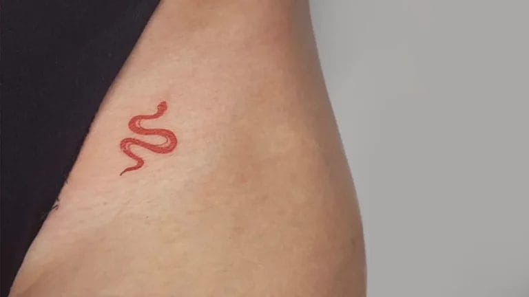 Tatuaje minimalista femenino de una serpiente en color rojo pequeña para mujer en la ingle